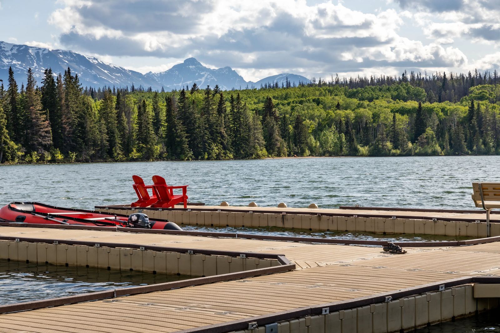 Pyramid Lake Pier with Red Lounge chairs- Best places to visit in Jasper National Park