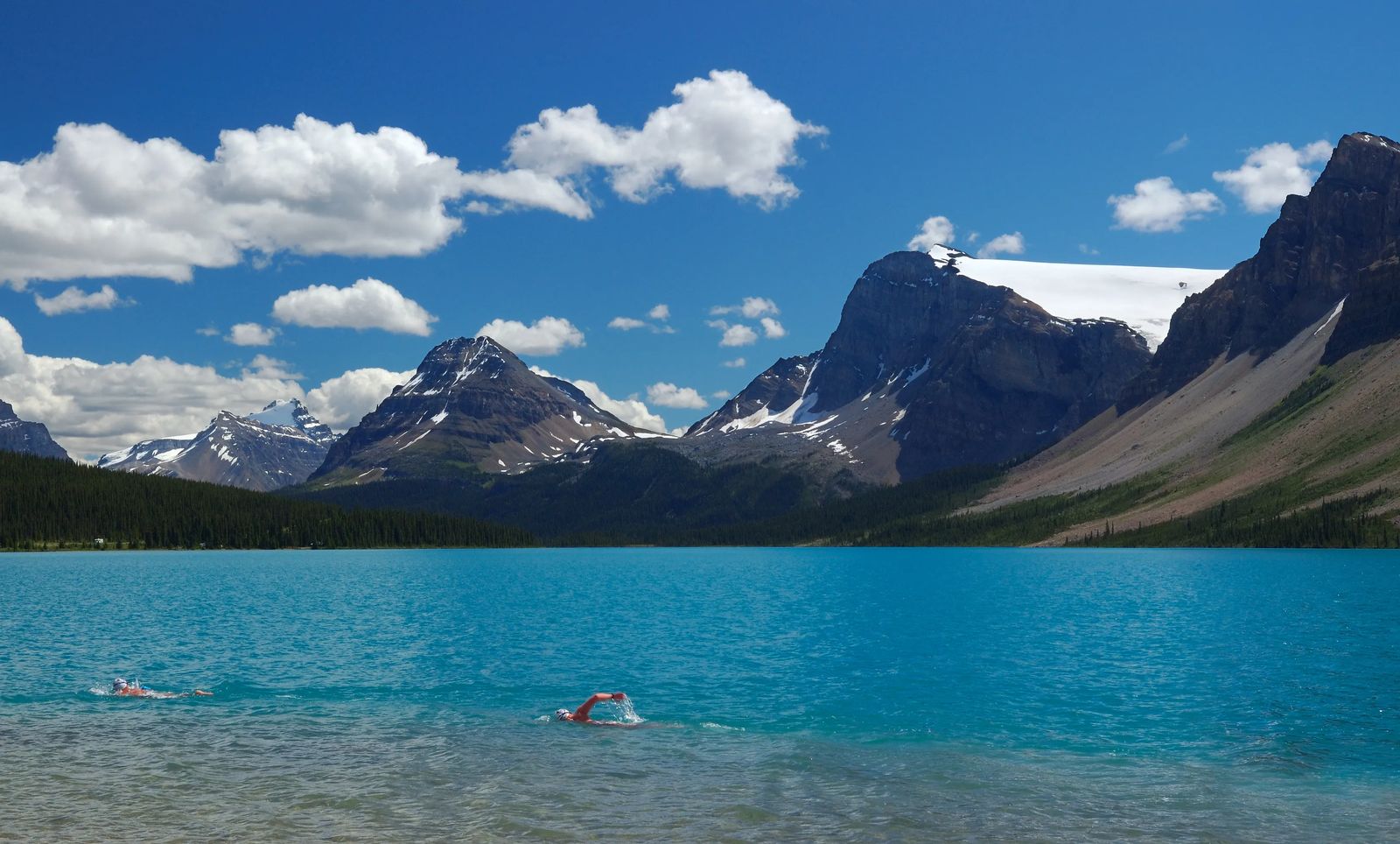 two people swimming in Hector Lake - The BEST of the Icefields Parkway Banff