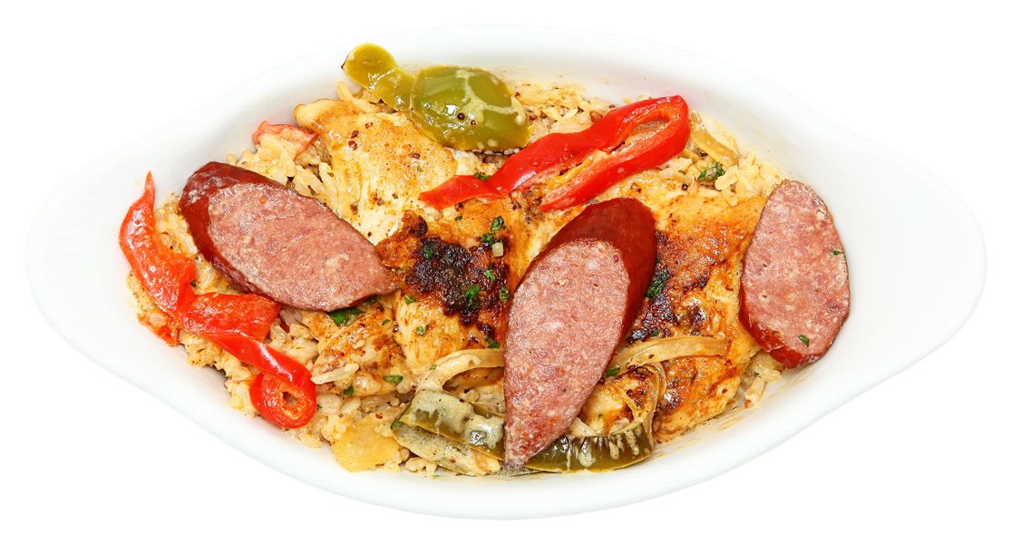 Andouille sausage meal with rice and veggies. Best New Orleans food to eat. 
