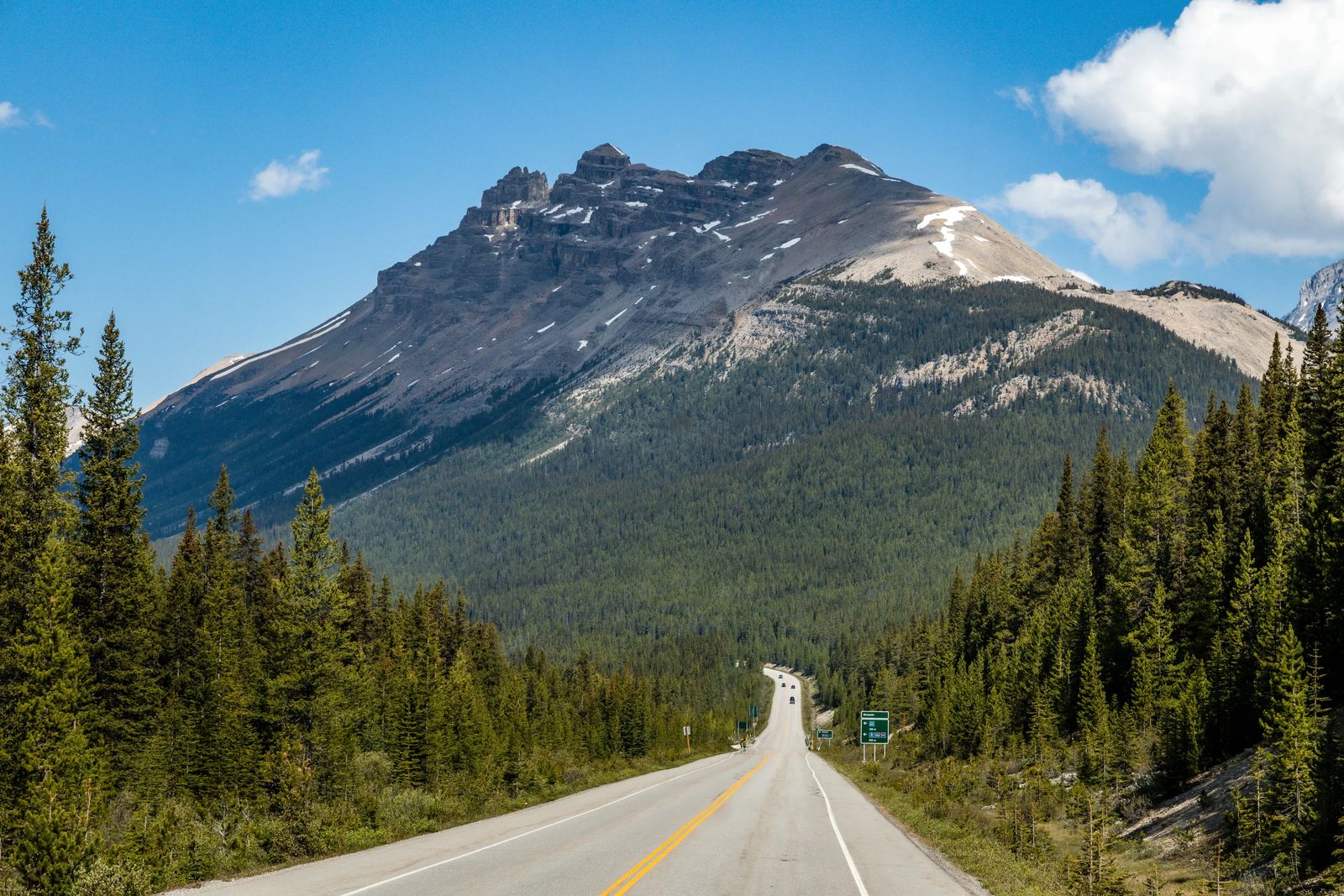 Road leading to the base of some large mountains covered in pine trees - The BEST of the Icefields Parkway Banff