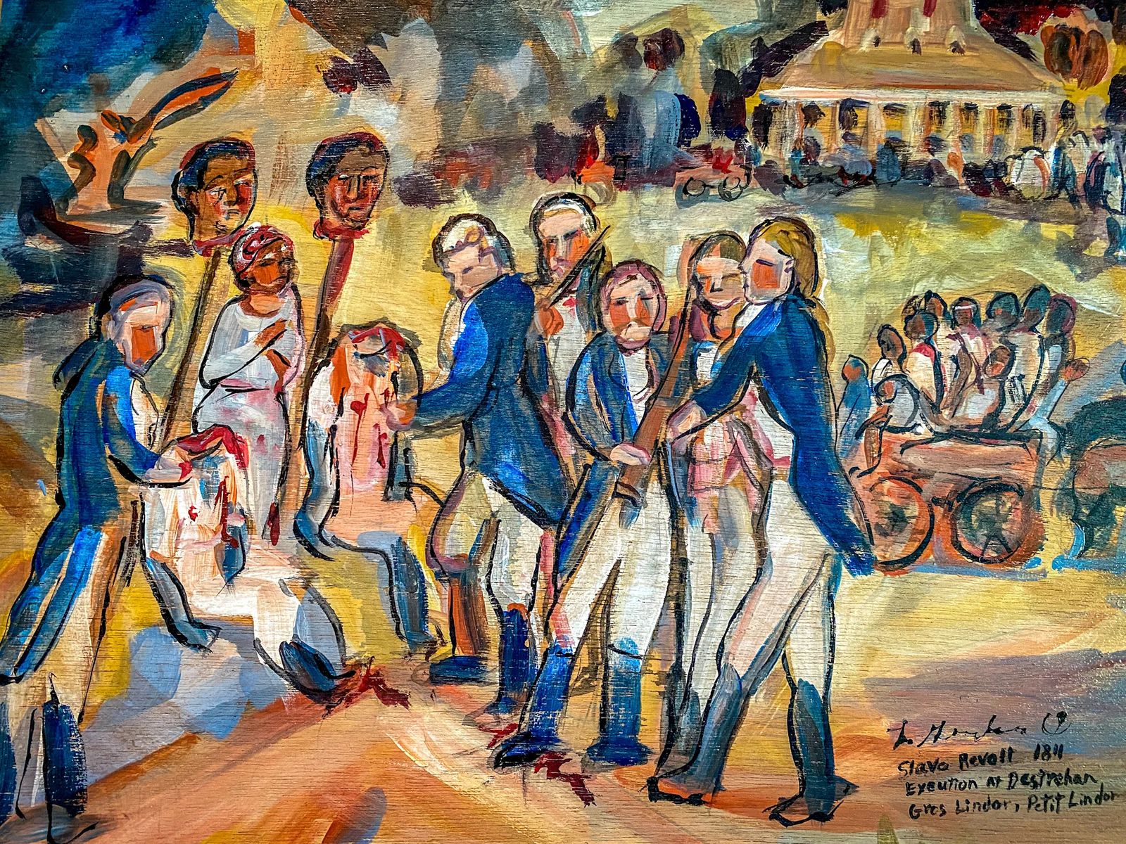 Painting of Beheaded slaves in front of Destrehan Plantation