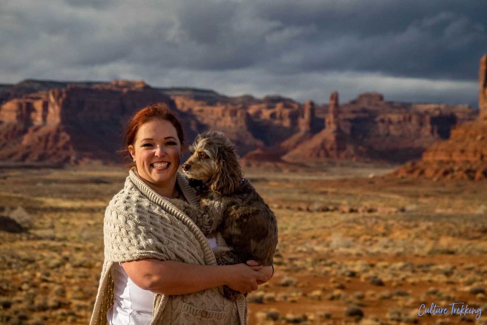 Janiel with dog zoey at the valley of the gods southern utah hidden gems
