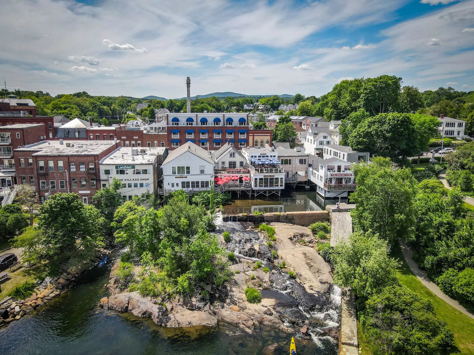drone shot of the waterfall at Camden Maine