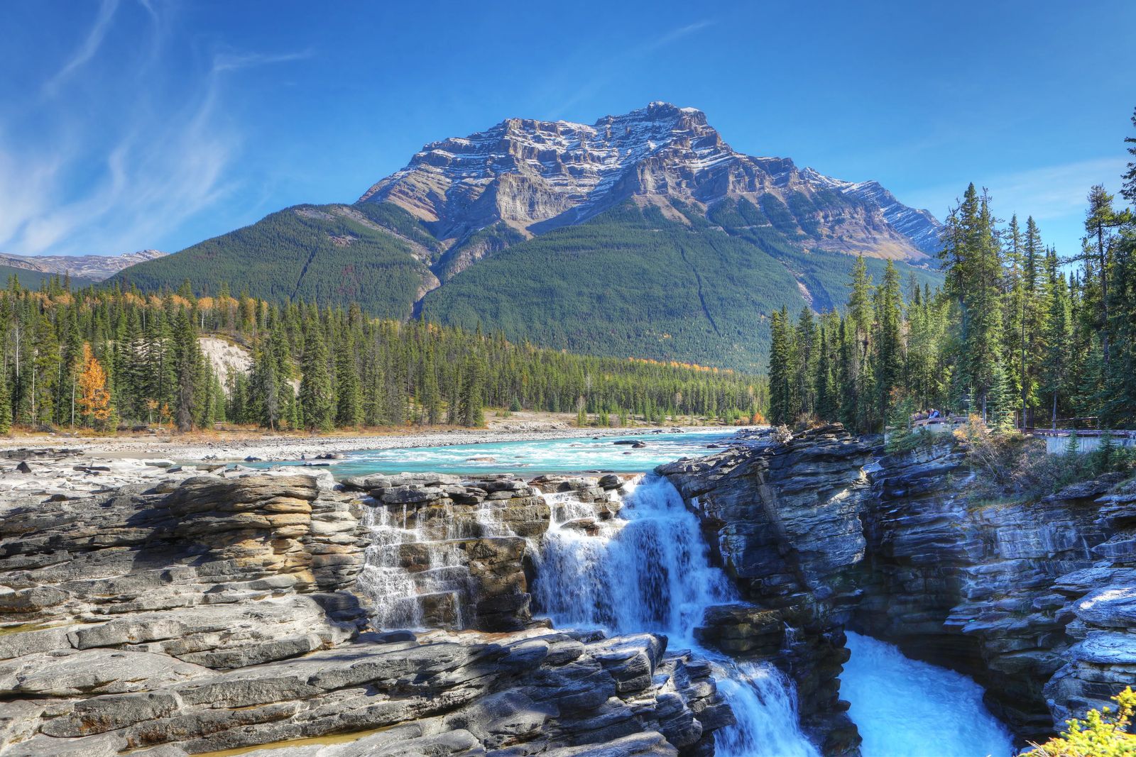 a wide but small waterfall cascades into a canyon below, this is Athabasca Falls - The BEST of the Icefields Parkway Banff