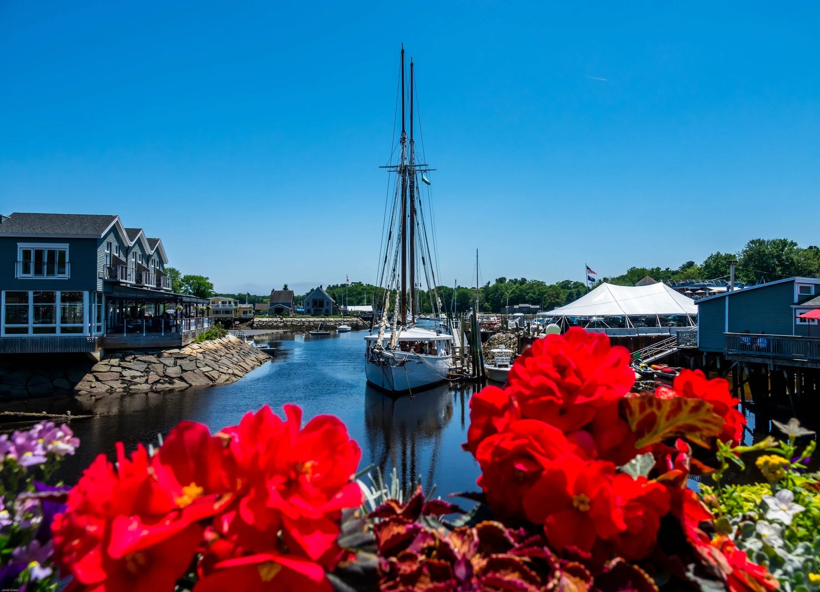 A sailing ship with red flowers in the foreground in Kennebunkport