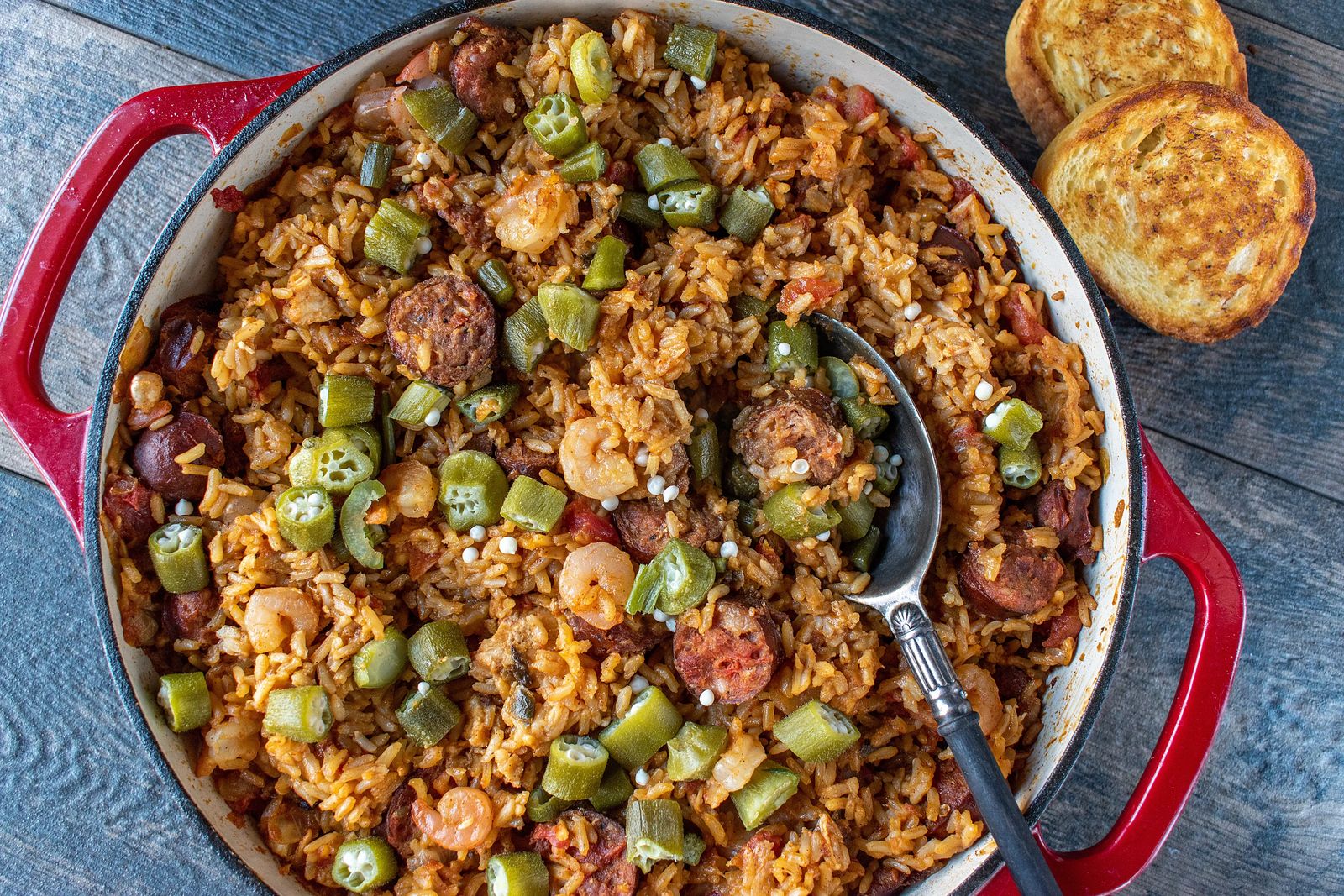 Jambalaya with rice, Okra, Andouille. Best New Orleans Food to eat. 
