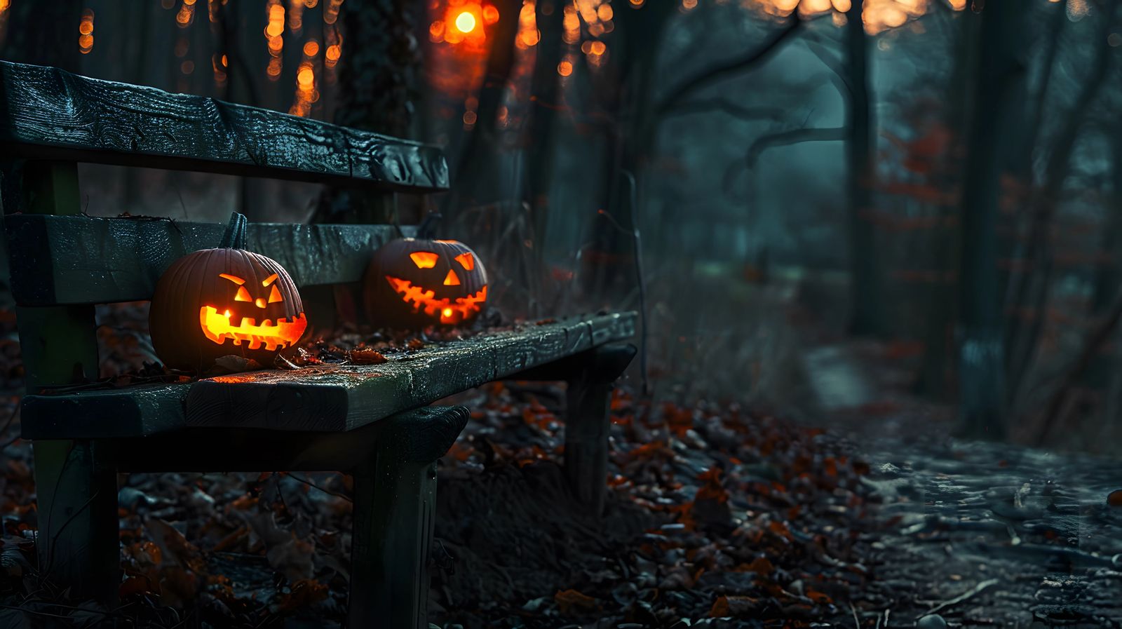 lighted halloween pumpkins in spooky forest