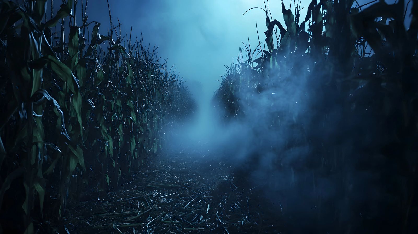 misty cornmaze at night