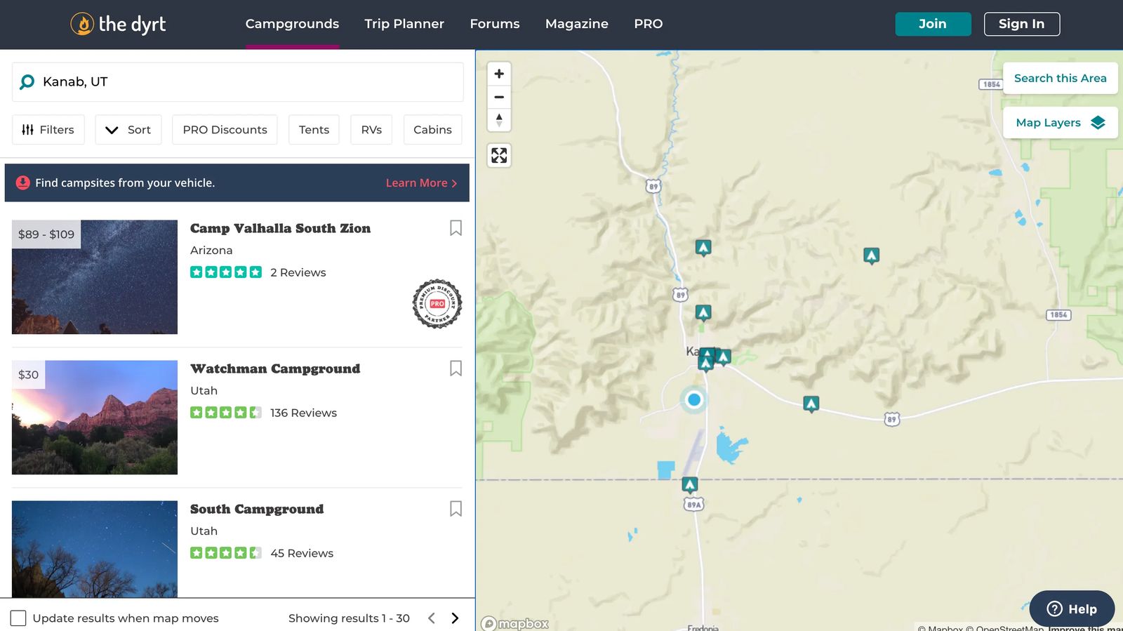 Map of where to camp in Kanab