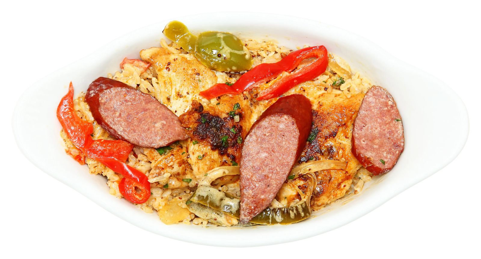 Andouille sausage meal with rice and veggies. Best New Orleans food to eat.