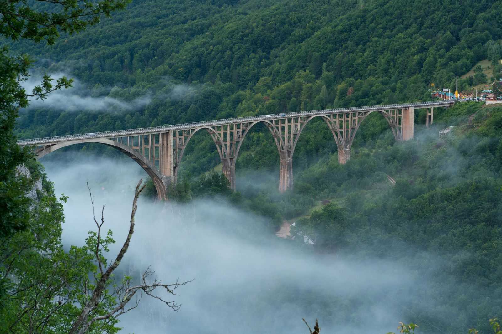 Misty view of Tara Bridge in Tara Canyon